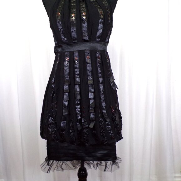 Sue Wong Nocturne Dress sz 4 Black Silk Halter Ribbon Steampunk Goth Whimsigoth - Picture 3 of 10